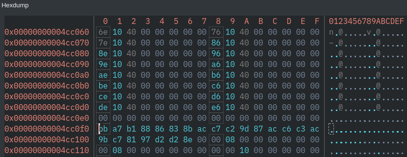 hexdump of the memory section containing the flag ghidra decompilation